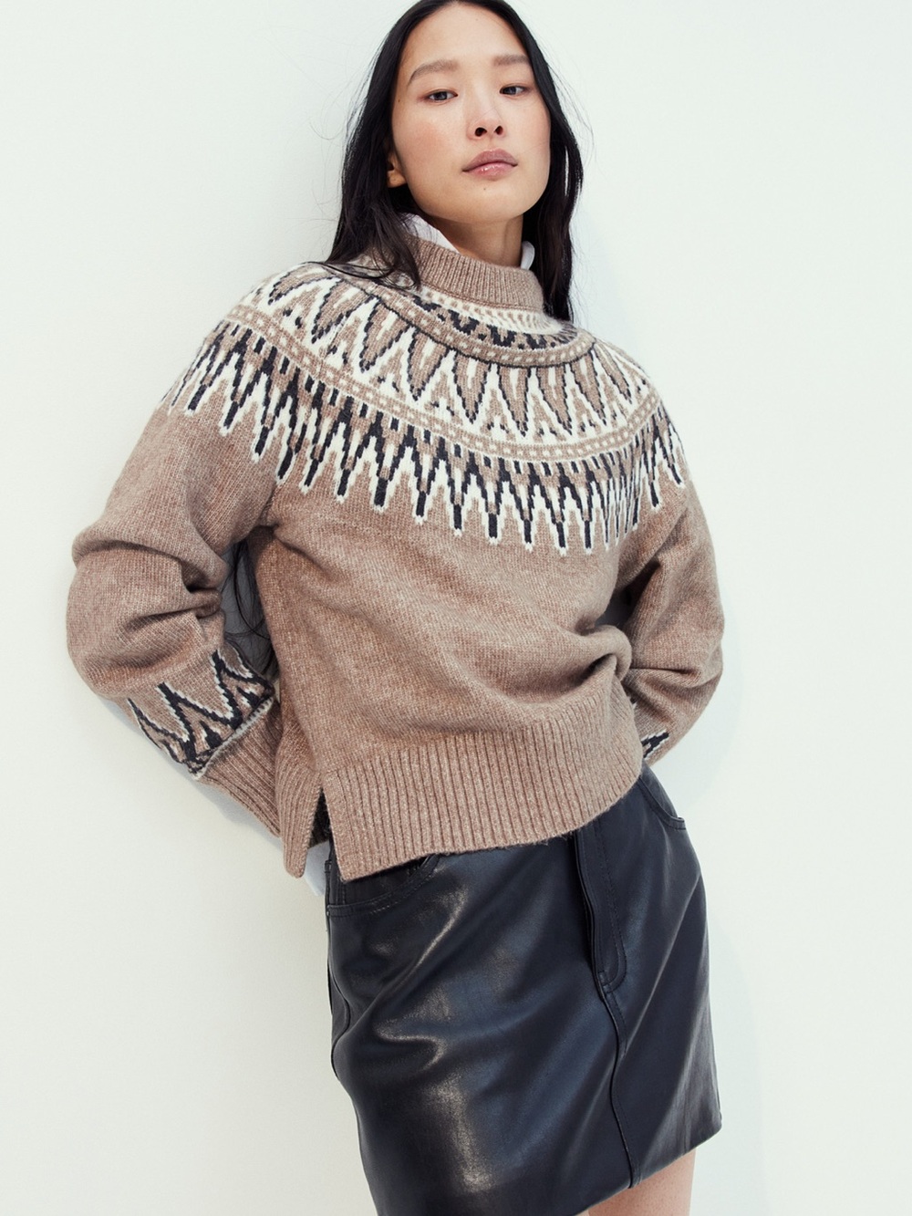 H&M Neutral Jacquard Fair Isle Knit Sweater in Taupe, Cream & Black